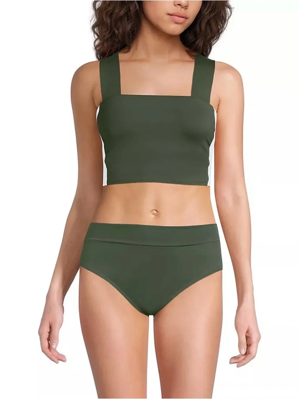 Lands End Olive Green & White Color block Swim Top